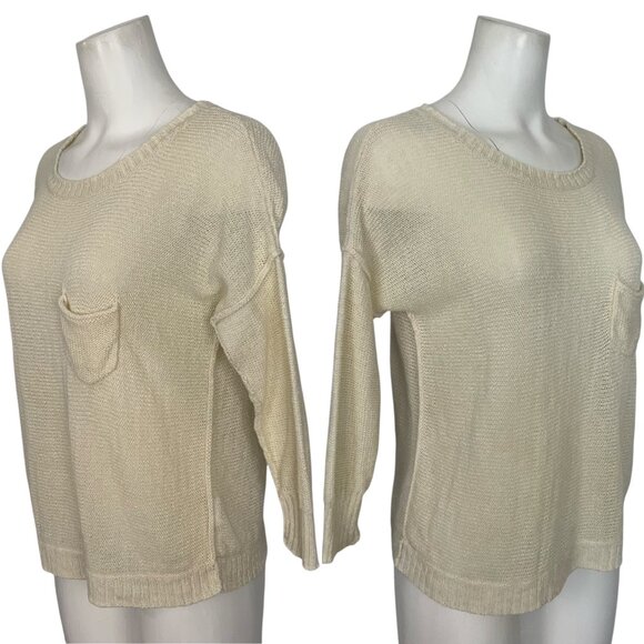 Brochu Walker Linen Sweater S Cream 3/4 Sleeve Scoop Neck Lightweight Coastal - Picture 3 of 13